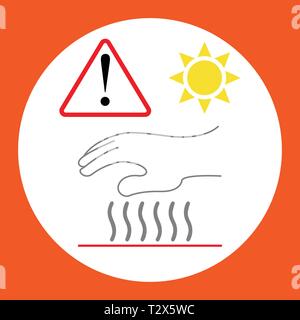 Hot surface symbol with hand and sun and hazard warning attention sign with exclamation mark Stock Vector
