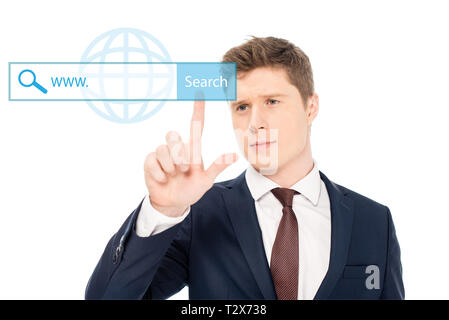 successful businessman in suit pointing with finger at search button illustration on white background Stock Photo