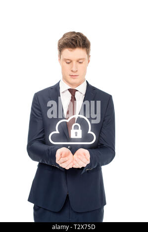 businessman in suit looking at outstretched hands with internet security icons above isolated on white Stock Photo
