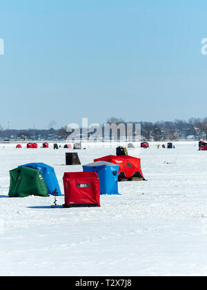 Ice fishing on Monona Bay, Madison, Wisconsin, USA. Stock Photo