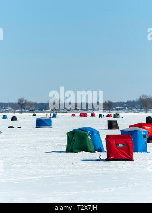 Ice fishing on Monona Bay, Madison, Wisconsin, USA. Stock Photo