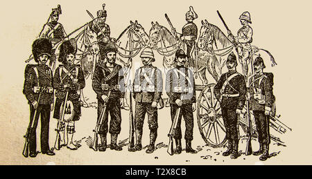 1922 Image showing all the standard British Military dress and uniforms (soldiers, sailors, army, infantry Scottish and mounted cavalry at that time Stock Photo