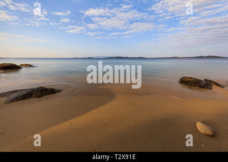 sunrise on the beach near Ouranoupolis city. Halkidiki, Greece Stock Photo