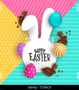 Happy Easter greeting card illustration: rabbit ear sign with text quote, colorful 3d eggs and chocolate bunny. Realistic holiday decoration for sprin Stock Vector