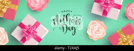 Mothers Day web banner illustration, realistic spring flowers and gift boxes with calligraphy text quote on pink background. Stock Vector