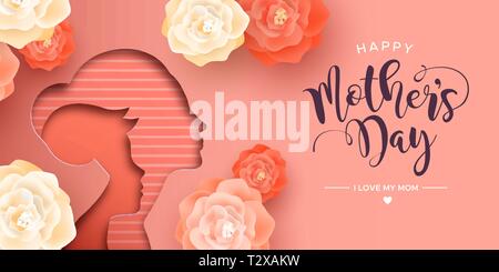 Mothers Day card illustration in papercut style for best mom. Paper cutout mother with child and realistic pink flowers. Stock Vector