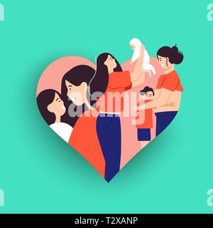 Mothers Day card illustration for motherhood or single parent concept. Mom with children, baby and pregnant mother inside heart shape. Stock Vector