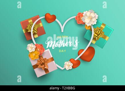 Happy Mothers Day greeting card illustration of gifts for mom, heart frame and colorful flower decoration. Stock Vector