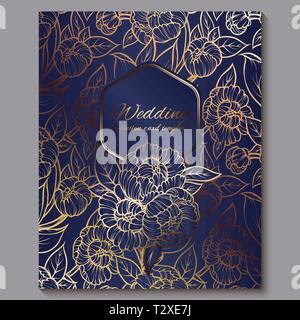 Exquisite royal luxury wedding invitation, gold on blue background with frame and place for text, lacy foliage made of roses or peonies with golden sh Stock Vector