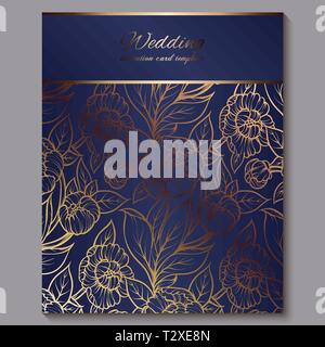 Exquisite royal luxury wedding invitation, gold on blue background with frame and place for text, lacy foliage made of roses or peonies with golden sh Stock Vector