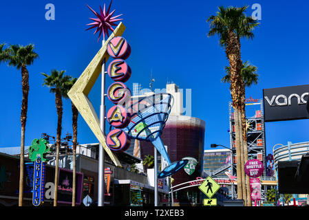 Neon signs in daylight on Fremont Street in downtown Las Vegas Stock Photo
