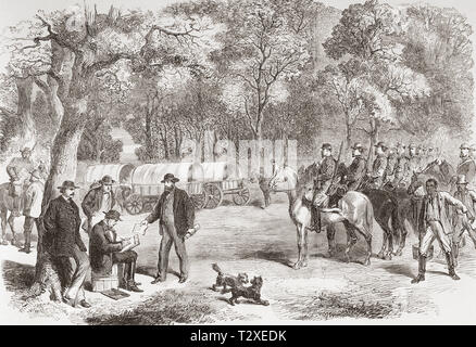 The last days of the Confederate Government, the conclusion of the American Civil War.  Jefferson Davis sat at the roadside, signing papers which his secretary of state Mr. Benjamin is handing to him.  This was possibly the last official business carried out by the Confederate cabinet.  Jefferson Finis Davis, 1808 – 1889. American politician who served as the only President of the Confederate States from 1861 to 1865.  From The Illustrated London News, published 1865. Stock Photo