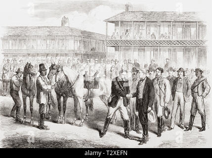 The last days of the Confederate Government, the conclusion of the American Civil War.  President Davis bidding farewell to his escort and staff in the square at Washington, Georgia two days before his capture.  Jefferson Finis Davis, 1808 – 1889. American politician who served as the only President of the Confederate States from 1861 to 1865.  From The Illustrated London News, published 1865. Stock Photo