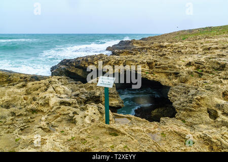 The blue cave in Dor HaBonim Beach Nature Reserve, Northern Israel Stock Photo