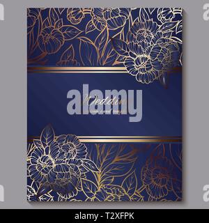 Exquisite royal luxury wedding invitation, gold on blue background with frame and place for text, lacy foliage made of roses or peonies with golden sh Stock Vector
