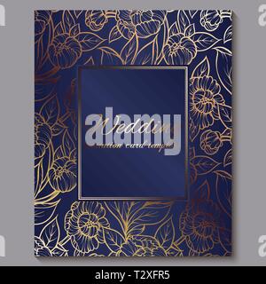 Exquisite royal luxury wedding invitation, gold on blue background with frame and place for text, lacy foliage made of roses or peonies with golden sh Stock Vector