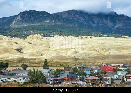 Mountains and hills of Yellowstone National Park in the background of Gardiner, Montana Stock Photo