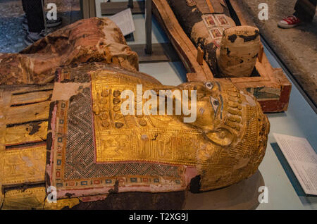 Ancient Egyptian mummies at the British museum. Stock Photo