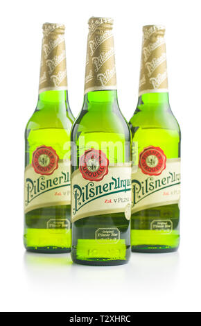 Pilsner Urquell lager beer bottle isolated on white background. Pilsner Urquell is a Czech beer. Stock Photo