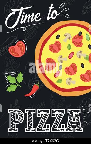 Time to eat pizza. Pizza with ingredients in flat style. Menu concept for cafe and restaurant. Flat pizza on chalkboard background. Vector illustratio Stock Vector
