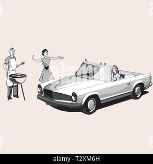 Vintage couple barbecues as a family drives by in a convertible car. Stock Vector