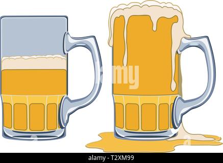 Beer Glass Half Full or half empty. One mug is overflowing and spilling over onto the ground. Stock Vector