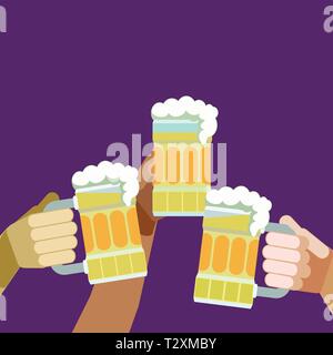 Beer mug toast. 3 Arms and 3 beer mugs, glasses raised in a toast Stock Vector
