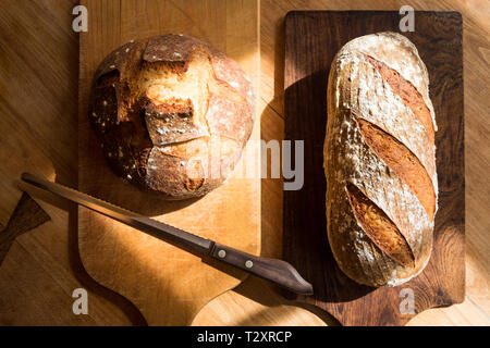 2 loaves of homemade sourdough bread on cutting boards with a bread knife. Stock Photo