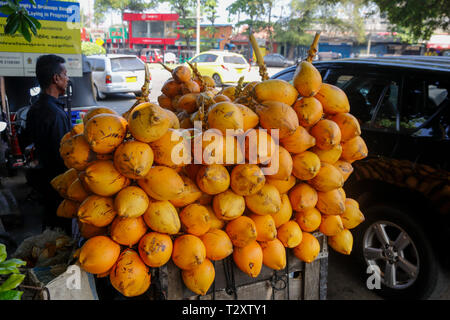 Red King coconuts for sale on the street in Colombo, Sri Lanka Stock Photo
