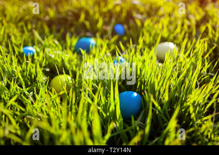 Happy Easter. Easter eggs hidden in spring grass. Holiday decoration Stock Photo