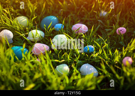 Happy Easter. Easter eggs hidden in spring grass. Holiday decoration Stock Photo