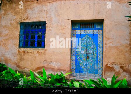 Windows and doors - Blue window and blue door in Rabat, Morocco Stock Photo
