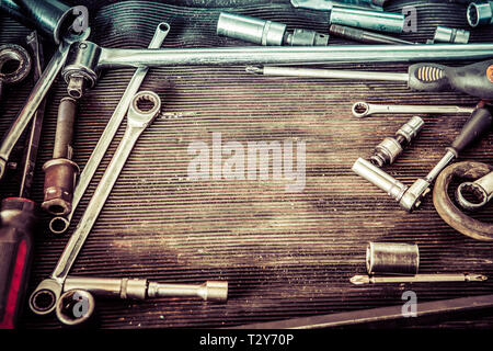 Car repair tools on rubber mat with copy space Stock Photo