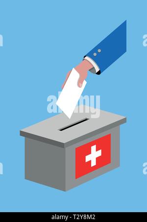 Vote for Switzerland election with voting ballot and Swiss flag. All the silhouette objects, and background are in different layers. Stock Vector