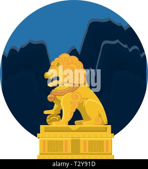 chinese lion statue in gold with night landscape vector illustration design Stock Vector