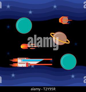 video game space ship with planets vector illustration design Stock Vector