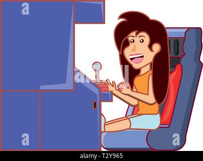 girl playing in retro console video game machine vector illustration design Stock Vector