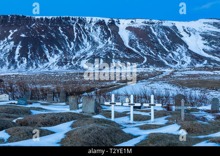 A rural cemetery in a beautiful mountainous setting on the Snæfellsnes Peninsula near Grundarfjörður, Iceland  [No property release; available for edi Stock Photo