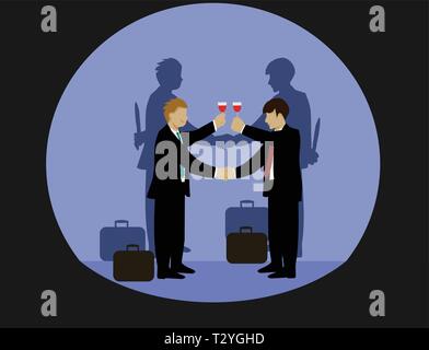 Businessmen are holding hands and drinking wine. But the shadow on both sides of his hand holds a knife,black background Stock Vector