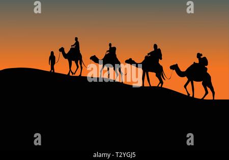 silhouette of four camel riders. Up hill with sunset  background Stock Vector