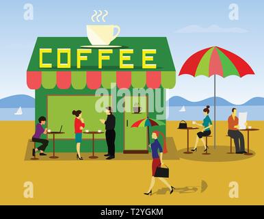 People are sitting and resting, drinking coffee. At the green coffee shop With sea and blue sky as the background Stock Vector