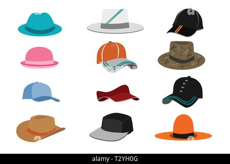 Collection of various types of hats on white background Stock Vector