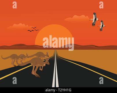 The kangaroo is running on a long road in the desert, with mountains and sunsets as the background Stock Vector