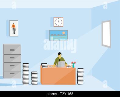 A business man is working on a lot of paperwork on a computer screen in an office. The sun is shining in. There are walls with pictures and a clock in Stock Vector