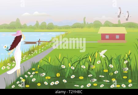 A white dress woman wearing a hat on walkway, There is a house in the middle of a field, with a flower garden, a waterfront with a small boat, with fo Stock Vector