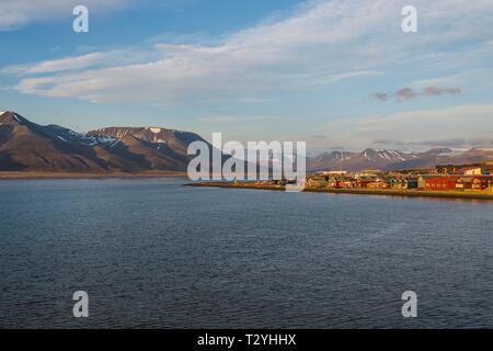 View over Longyearbyen at sunset, Spitsbergen, Svalbard, Arctic, Norway Stock Photo