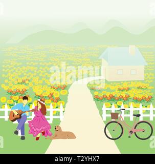 The man was playing the guitar for the white woman to listen. There are dogs and bicycles beside ,with a white fence around ,With a sunflower garden a Stock Vector