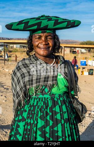 Herero woman in traditional clothes, Portrait, Opuwo, Kaokoland, Namibia Stock Photo