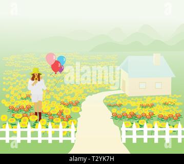 A white dress woman wearing a hat in the handle of the balloon Walking in the sunflower garden ,with a white fence around ,With a sunflower garden and Stock Vector