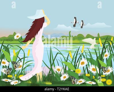 A white dress woman wearing a hat, standing at the edge of a swamp with flowers, butterfly, birds with forests and mountains as a background Stock Vector